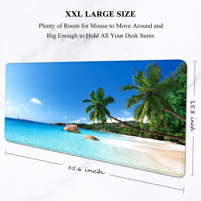 Auhoahsil Large Gaming Mouse Pad, Beach Theme XXL 35.4 x 15.7 in Desk Pad Stitched Non-Slip Rubber Long Computer Mousepad Thin Extended Full Size Desk Mat for Desktop, Laptop, Wireless Mice, Blue - Image 2